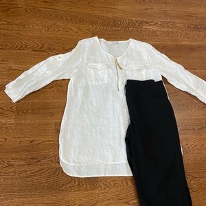 Spring outfit black capris size 14 petite white linen shirt size large